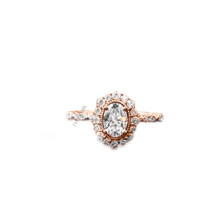 Everspark Elizabeth, Moissanite Vintage Style Art Deco Wedding Ring Set with Matching Wedding Band, Front View of Engagement Ring in Rose Gold