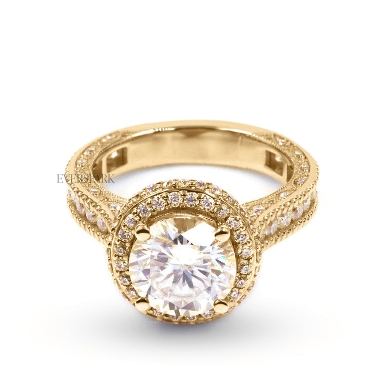Pia Pink Sapphire Gold engagement ring - front view - hand-cut Everspark Moissanite, cathedral setting, halo, pave sidestones, milgrain details, peekaboo sidestones, 7mm, 7.5mm, or 8mm round cut center stone, available in 18k White Gold, 18k Yellow Gold, 18k Rose Gold, Platinum 950, Blue Sapphire, Pink Sapphire, Ruby or Emerald sidestones, video: Pia Platinum with Blue Sapphire sidestones, 8mm center stone.