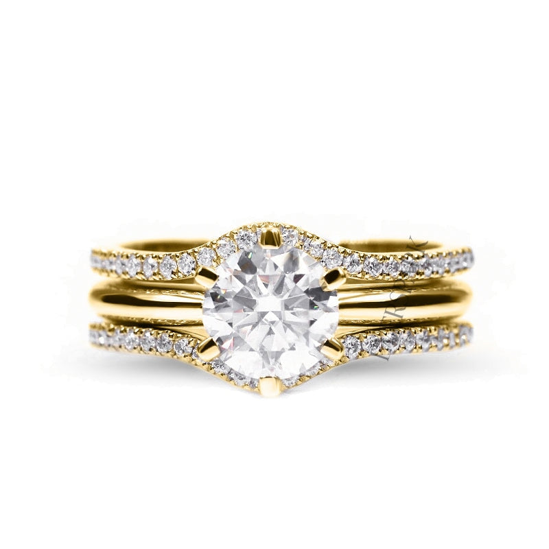 Serena Wedding Ring Set - Solitaire Engagement Ring with Enhancer Wedding Ring, Various Centre Stone Sizes Available in 18k Yellow Gold - ring set together from front 