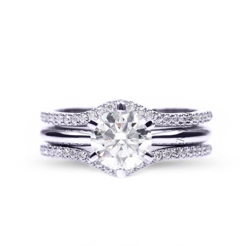 Serena Wedding Ring Set - Solitaire Engagement Ring with Enhancer Wedding Ring, Various Centre Stone Sizes Available in 18k White Gold - ring set together from front 