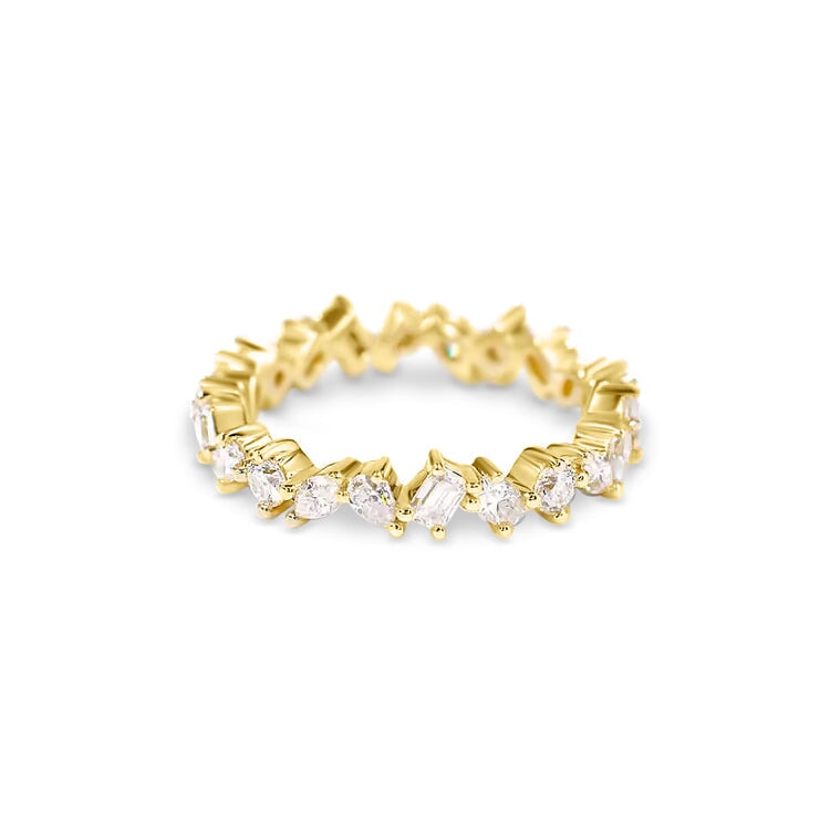 Everspark Arwen Ring with multiple Everspark Moissanite stones of different shapes in Yellow Gold - Front View