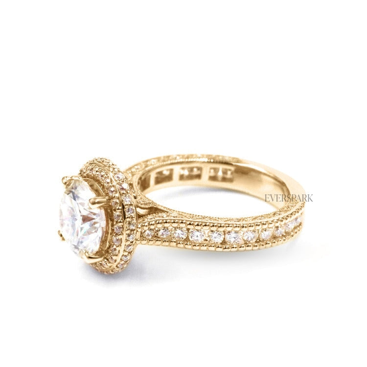 Pia Ruby Gold engagement ring - front and side view - hand-cut Everspark Moissanite, cathedral setting, halo, pave sidestones, milgrain details, peekaboo sidestones, 7mm, 7.5mm, or 8mm round cut center stone, available in 18k White Gold, 18k Yellow Gold, 18k Rose Gold, Platinum 950, Blue Sapphire, Pink Sapphire, Ruby or Emerald sidestones, video: Pia Platinum with Blue Sapphire sidestones, 8mm center stone.