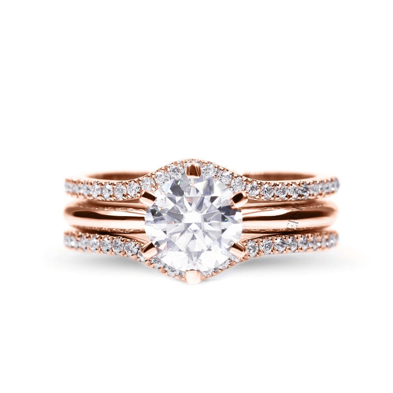 Serena Wedding Ring Set - Solitaire Engagement Ring with Enhancer Wedding Ring, Various Centre Stone Sizes Available in 18k Rose Gold - ring set together from front