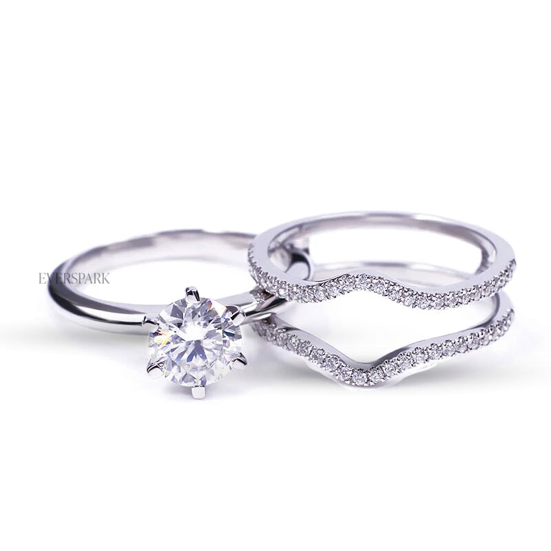 Serena Wedding Ring Set - Solitaire Engagement Ring with Enhancer Wedding Ring, Various Centre Stone Sizes Available in 18k White Gold - ring set separated from front 